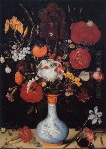 Roses, Marigolds, Aquilegia, Violets, Convolvulus, Hollyhocks, Peonies And Other Flowers In A Vase With A Butterfly And Snail On A Ledge by Ambrosius Bosschaert the Elder