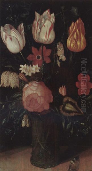 A Still Life Of Variegated Tulips, A Rose And Other Flowers In A Glass Vase, With Butterflies - view 1