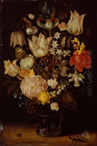 Still Life Of A Bouquet Of Flowers Including Variegated Tulips, Bluebells, Forget-me-nots And Lily-of-the-valley - view 1
