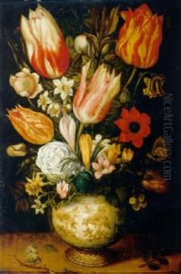 Tulips, Roses, Narcissi, Daffodils, Crocuses, An Iris, A Poppy And Other Flowers In A Gilt-mounted Porcelain Vase On A Ledge by Ambrosius Bosschaert the Elder