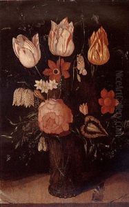 A Still Life Of Variegated Tulips, A Rose, And Other Flowers In A Glass Vase With Butterflies by Ambrosius Bosschaert the Elder