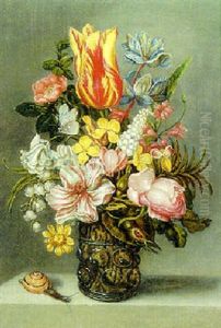 Parrot Tulips, A Dog Rose, A Peonie And Other Flowers In A Roemer On A Stone Ledge With A Butterfly And A Snail