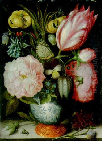 Various Flowers, Butterfly, And A Fritillaria Meleagris In A Vase, A Rosebud, A Columbine And A Fly On A Ledge - view 1