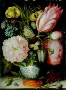 Various Flowers, Butterfly, And A Fritillaria Meleagris In A Vase, A Rosebud, A Columbine And A Fly On A Ledge