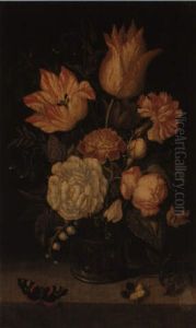Still Life Of Flowers In A Glass Vase On A Ledge by Ambrosius Bosschaert the Elder