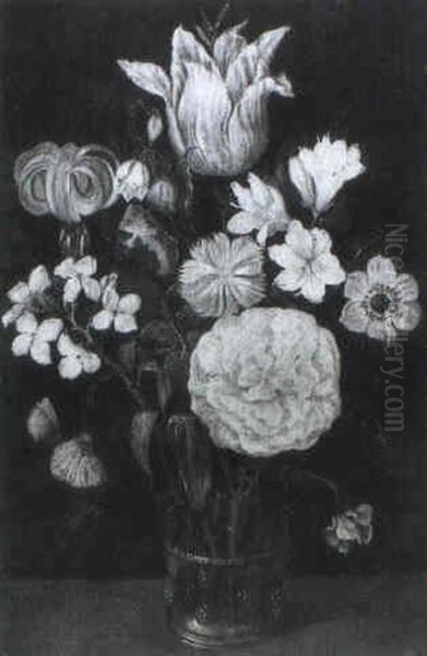 Tulip, Lily And Other Flowers With Butterflies In A Glass Vase - view 1