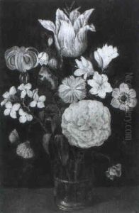 Tulip, Lily And Other Flowers With Butterflies In A Glass Vase by Ambrosius Bosschaert the Elder