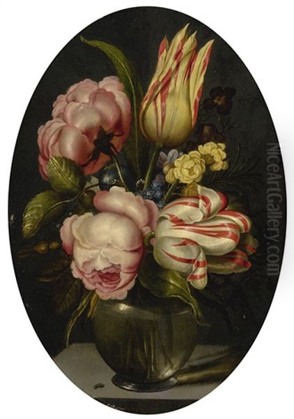 Still Life With Variegated Tulips, Roses, And Other Flowers In A Glass Vase, With A Fly, All On A Ledge - view 1
