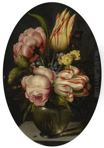 Still Life With Variegated Tulips, Roses, And Other Flowers In A Glass Vase, With A Fly, All On A Ledge