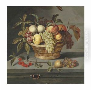 Fruit In A Wicker Basket With A Lizard And A Red Admiral Butterfly On A Stone Ledge