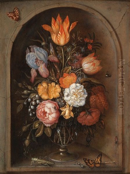 A Still Life Of Flowers In A Glass Vase Placed In A Niche - view 1