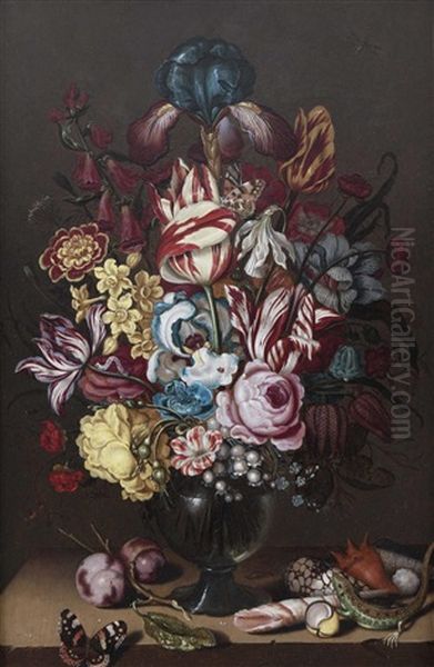 Blumenstillleben In Vase Mit Eidechse - view 1