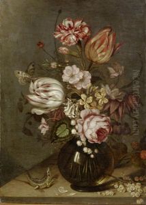 A Rose, Tulips, Carnations And Other Flowers In A Glass Vase On A Table-top With Whitecurrants And A Lizard A Rose, Tulips, Carnations And Other Flowers In A Glass Vase On A Table-top With Whitecurrants And A Lizard