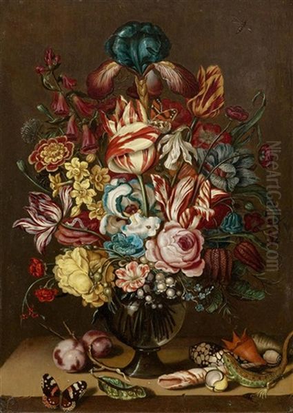 A Bouquet Of Flowers In A Glass Vase On A Stone Table Top With Insects And Seashells by Ambrosius the Younger Bosschaert