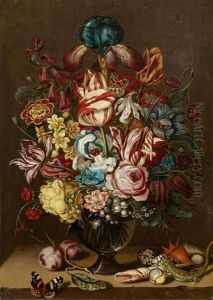 A Bouquet Of Flowers In A Glass Vase On A Stone Table Top With Insects And Seashells