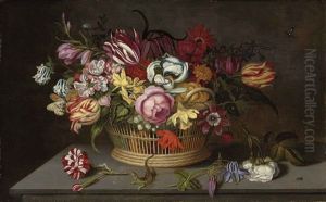 Roses, Tulips, Carnations, Marigolds And Other Flowers In A Woven Basket, With Caterpillars, A Lizard, A Ladybird, And Other Insects, On A Stone Ledge