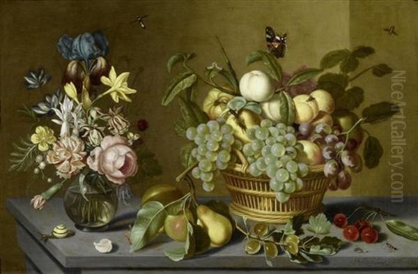Stilleben Mit Fruchten In Einem Flechtkorb, Einer Glasvase Mit Blumen Und Kleinen Insekten Auf Einer Tischplatte - view 1