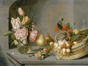 Stilleben Mit Blumenstrauss In Einer Vase Und Einem Fruchtekorb In Einer Nische by Ambrosius the Younger Bosschaert