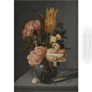 Still Life With Tulips, Roses, Marigolds And Other Flowers In A Glass Vase With A Ladybird And A Caterpillar, All On A Ledge