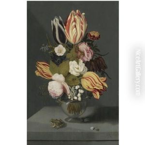 Still Life With Variegated Tulips, Pink And White Roses, A Marigold Fritillary, Columbine And Lily Of The Valley In A Globose Vase With A Toad, All On A Ledge by Ambrosius the Younger Bosschaert