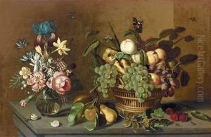 Stillleben Mit Fruchtkorb Und Blumenvase