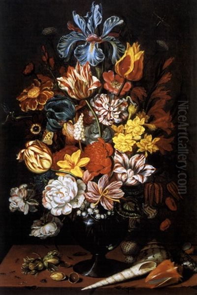 Blumenstrauss In Einer Glasvase Und Muscheln - view 1