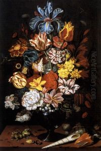 Blumenstrauss In Einer Glasvase Und Muscheln by Ambrosius the Younger Bosschaert