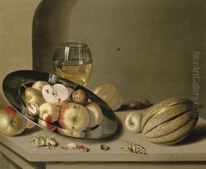 Apples, Pears, Peaches And Walnuts On A Pewter Plate With Fruit, A Roemer, A Melon, Chestnuts And A Grasshopper On A Stone Ledge In A Niche by Ambrosius the Younger Bosschaert