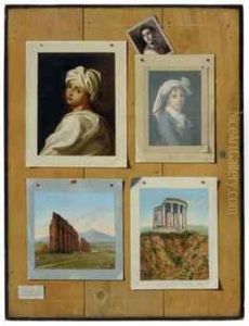 A Trompe L'oeil Of Watercolors And Oil Sketches Against A Woodenwall A Trompe L'oeil Of Watercolors And Oil Sketches Against A Woodenwall
