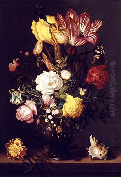 A Tulip, A Yellow Iris, A Sprig Of Moss Rose, A Snake's Head Fritillery, Roses, Peonies, Forget-me-not, Lily Of The Valley And Other Blooms In A Bronze Vase With Gilt Mounts, On A Ledge - view 1
