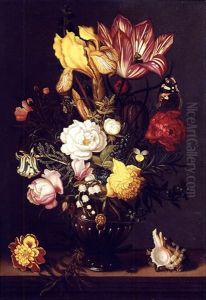 A Tulip, A Yellow Iris, A Sprig Of Moss Rose, A Snake's Head Fritillery, Roses, Peonies, Forget-me-not, Lily Of The Valley And Other Blooms In A Bronze Vase With Gilt Mounts, On A Ledge by Ambrosius the Younger Bosschaert