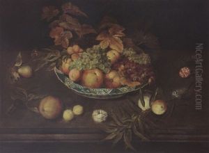 A Still Life With Grapes, Peaches, Apricots And Apples In A Wan-li Porcelain Bowl, Together With A Pear, A Prune, Peaches, Apricots, Carnations A Butterfly And A Blue Tit by Ambrosius the Younger Bosschaert