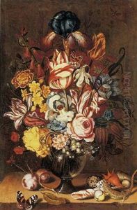 Tulips, Peonies, Narcissi And Other Flowers In A Glass Vase With Plums, Seashells, A Butterfly And A Lizard On A Ledge