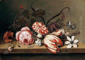 A Still Life Of A Rose, Tulip, Marigold, Columbine And Anemone With Caterpillars And Flies On A Table by Ambrosius the Younger Bosschaert