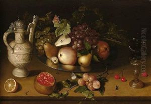 A Still Life Of Pears, Apples, Grapes, A Sliced Orange And Other Fruits And Objects Resting On A Table Top With A Butterfly, Caterpillars And Flies by Ambrosius the Younger Bosschaert