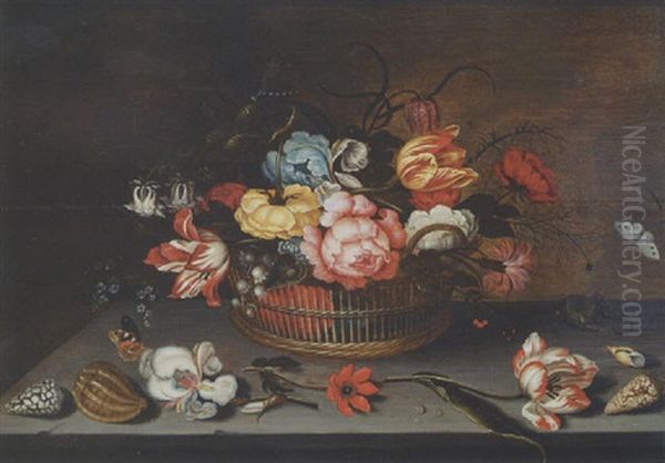 Tulips, Roses And Other Flowers In A Basket With A Lizard, Shells, An Iris, An Anemone, A Tulip And A Butterfly On The Ledge - view 1
