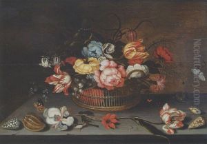 Tulips, Roses And Other Flowers In A Basket With A Lizard, Shells, An Iris, An Anemone, A Tulip And A Butterfly On The Ledge by Ambrosius the Younger Bosschaert