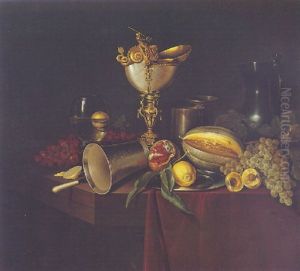 Still Life Of A Nautilus Shell, Silver Beaker, Tankard, Pewter Jug, Roemer And Fruit On A Partly Draped Table by Ambrosius the Younger Bosschaert