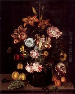 Blumenstilleben Mit Glasvase, Fruchten Und Insekten Auf Einem Tisch by Ambrosius the Younger Bosschaert