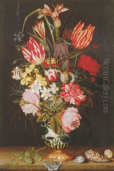 Flowers In A Chinese Porcelain Vase, With Grapes, Shells And A Butterfly On A Stone Ledge - view 1