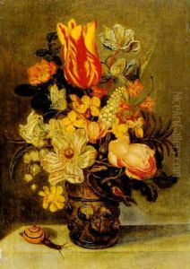 Still Life Of Flowers In A Glass Resting On A Ledge With A Snail