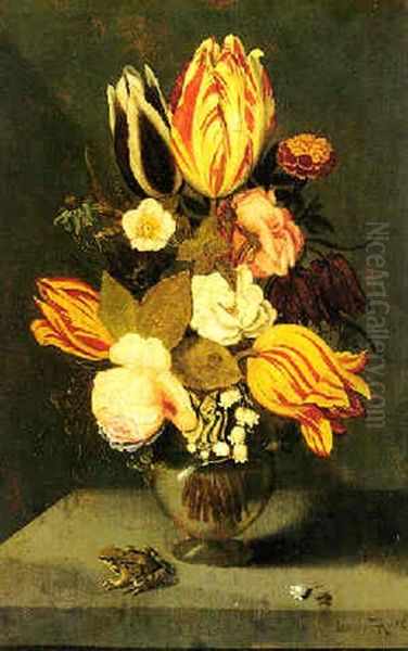 Still Life With Flowers In A Globose Glass Vase With A Toad, All On A Ledge - view 1