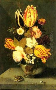 Still Life With Flowers In A Globose Glass Vase With A Toad, All On A Ledge
