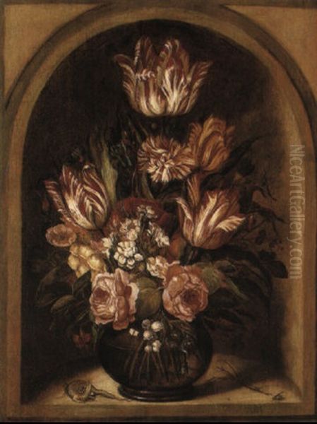 Tulips, Roses And Other Flowers In A Glass Vase With A Lizard In A Niche - view 1