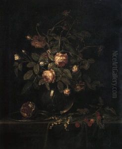 Pink And White Roses In A Glass Vase With Fruit And Frog On A Draped Table by Ambrosius the Younger Bosschaert