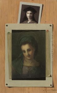 A Trompe L'oeil With A Print Of The Madonna Covered By A Piece Of Tracing Paper, And A Print Of An Artist's Self-portrait by Francesco Alegiani