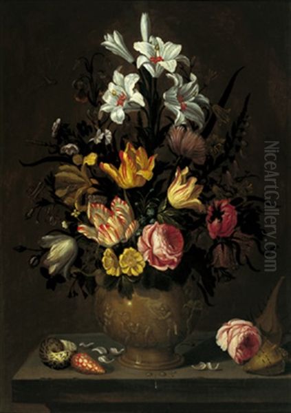 Ein Blumenstraus Von Tulpen, Rosen, Lilien Und Anderen Bluten In Einer Figural Geschmuckten Tonvase Auf Einer Steinernen Tischplatte Mit Seltenen Muscheln - view 1