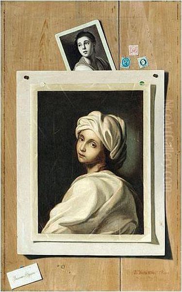 A Trompe L'?il Of A Portrait Of Beatrice Cenci, Formerly Attributed To Guido Reni, And Another Portrait Of A Lady, Together With Three Stamps, Pinned To A Wood-panelled Wall - view 1