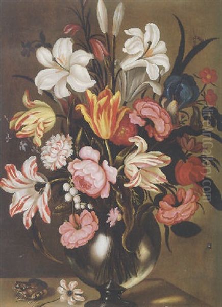 Still Life Of Flowers In A Glass Vase With A Toad Resting On A Ledge - view 1