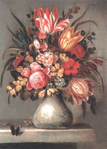 Still Life Of Tulips, Roses And Other Flowers In A Delft Case by Abraham Bosschaert